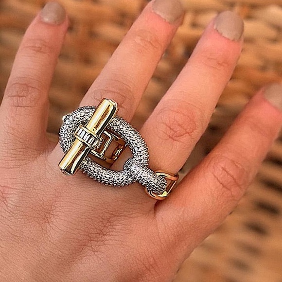 Gold Zircon Bangle Bracelet Two Finger Ring Set Luxury 18K Gold Plated - Picture 11 of 16